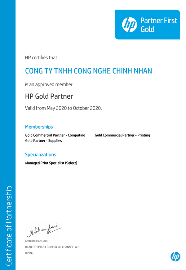 CHỨNG NHẬN HP GOLD PARTNER 2020